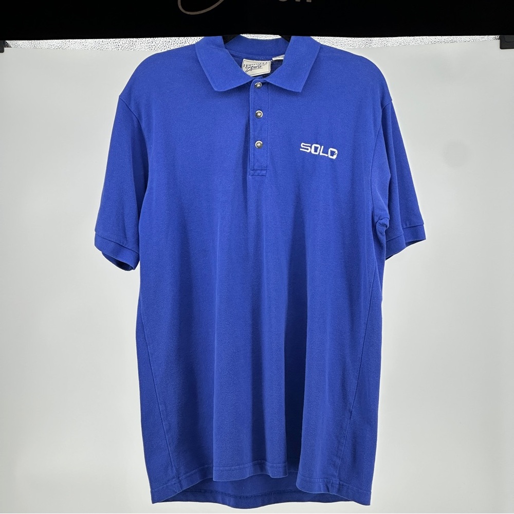 Vintage Men's Large Blue Polo Shirt Embroidered SOLO‎ Logo Cotton Poly blend